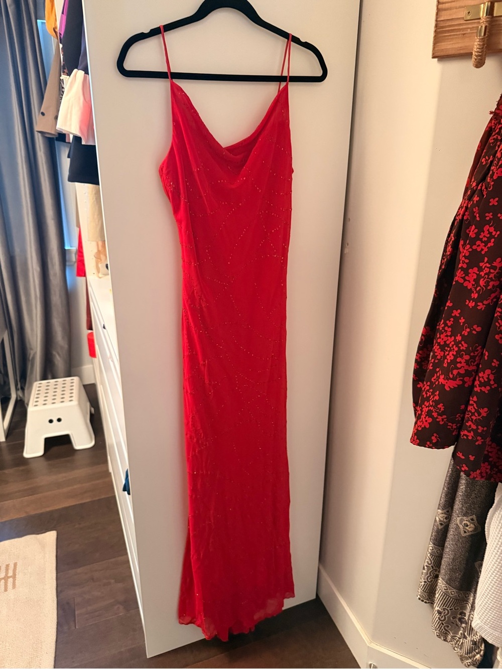 Collection B Red Beaded Cowl Slip Maxi Dress